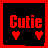 Red pixelated text "Cutie" with two red hearts on a black background, framed by a red border.