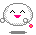Pixelated white circular character with pink mouth and closed eyes, surrounded by small orange dots and black musical notes on gray background.