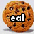 A pixelated chocolate chip cookie with 'eat' text overlaid, next to a black-and-white bed scene labeled 'sleep', and below them a yellow-framed pony image with 'Ponybox' text.