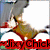 A pixelated image shows a stylized character with a large gray head and brown body against a white background, with red text reading "JixyChick" at the bottom.