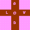 A static contact sheet of a pixelated animation featuring pink and brown colors with scattered letters on a dotted background.