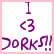 Purple pixelated text and symbols on white background with pink border: 'I', '<3', 'DorkΩ!!' in vertical arrangement.