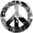 A grayscale peace symbol with a circular border, featuring pixelated shading and no visible text or additional elements.