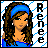 Pixelated cartoon-style buddy icon featuring a woman with long brown hair wearing a blue headband and blue top, next to vertical black text reading "Renee" on a white background with blue dotted lines.