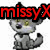 Pixelated character with gray fur, green eyes, and a black nose stands beneath red text reading 'missyX' on a white background.
