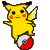 A 4x4 contact sheet of pixelated Pikachu frames on a gray background, each frame showing the character in different poses atop a Poké Ball with visible animation changes across sampled frames.