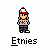 Pixel art character wearing red-and-white cap, gray shirt with red cross, dark pants, and white shoes with red accents; text "Etnies" below.