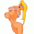 Pixelated character with long blonde hair in a ponytail, wearing a white top and orange outfit, holding a weapon-like object.