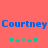 Blue text reading "Courtney Courtney" on a coral background with two of green and gray pixelated flower icons below