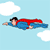 A cartoon character in blue clothing and red cape flies left to right across a light blue sky with white clouds, shown in six