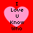 Four identical pink heart-shaped icons with black text "I Love U Know Who" on a red background, arranged in a