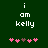 Green background with white text 'i am kelly' and pink plus signs below, showing slight animation in plus sign positions