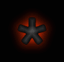 Six star-shaped icons with dark gray arms and red-orange glowing halos arranged in two on a black background