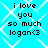 A static digital image with a bright cyan background and white diamond-shaped lattice pattern, displaying black pixelated text reading "i love you so much logan<3" in four identical quadrants.
