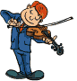 Cartoon character with red hair plays violin in blue suit, alternating between holding bow and playing instrument.
