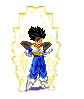 Pixelated character in blue pants and white boots stands with arms crossed, surrounded by yellow and white energy aura on gray background.
