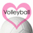 Pixelated volleyball icon with pink heart outline and text overlays on cyan background.