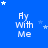 Blue background with white text 'Fly With Me' repeated in a , surrounded by small white stars