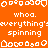 Orange background with white pixelated text and symbols repeating 'whoa.', 'everything's', 'spinning' in horizontal , surrounded by decorative border elements