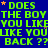 Blue background with green text repeating 'DOES THE BOY YOU LIKE YOU LIKE BACK ??' and orange stars scattered throughout.