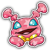 Pixelated pink creature with large blue eyes, brown mouth, yellow collar, and two pink ears on a gray background.