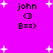 A bright pink background with white starbursts and repeated text elements including 'john', '<3', and 'B==>'.