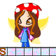 Pixelated character with red mushroom cap, brown hair, blue shirt, purple sleeves, blue pants, and yellow wings; three expressions shown across frames.