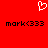 Red background with white pixelated heart symbol above two identical black text strings reading 'mark<333' in pixelated font.