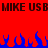 Red background with black text "MIKE USB" repeated horizontally and blue pixelated flames at the bottom.