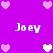 Pixelated purple background with light blue 'Joey' text and alternating pink/white heart icons arranged in a pattern