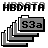 Pixelated graphic with four distinct sections: top-left 'HBDATA' text, stacked folder icons labeled 'S3a', a document with Japanese characters and numbers, and a tool-themed with X and T symbols