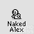 Pixel art character icon with 'Naked Alex' text below, showing sequential pose changes from seated to standing positions.