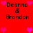 Red background with pixelated text 'Deanna & Brandon' and pink heart symbols in two distinct arrangements.