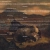 Pixelated landscape with layered horizontal bands of brown, orange, and dark gray tones forming a textured scene.