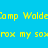 Animated text repeats 'Camp Walde' and 'rox my sox' on a blue-green gradient background with yellow pixelated font.