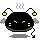 Pixelated black circular character with yellow antennae lights, white eyes, and gray wings; four variations show different eye shapes and tail positions.
