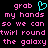 Pixelated text in pink and cyan on black background with a heart symbol replacing 'and' in 'grab my hands'