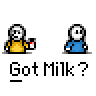 Animated contact sheet of pixel art stick figures in yellow and blue shirts repeatedly asking "Got Milk?" with speech bubbles, showing motion frames where one figure holds a milk bottle that disappears into empty hands.