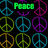 Pixelated peace sign icons in multiple colors with 'Peace' text in green, cyan, and purple on a black background.