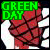 A 50x50 pixel animated contact sheet showing two frames of a Green Day-themed buddy icon with red guitar strings and green text, bordered in black on the left frame and red on the right frame.