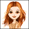 Pixelated cartoon character with long red hair, brown eyes, and a smiling expression wearing layered necklaces, a plaid skirt, fishnet tights, and brown boots.