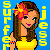 Pixelated image of a woman with long brown hair wearing a yellow top, orange flower in her hair, and green necklace against blue background.