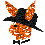 Pixelated orange character with black hat and bow tie, featuring large ears in three distinct poses against gray background.