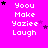 A bright pink background displays repeated text "Yoo Make Yaziee Laugh" in white pixelated font, with scattered black and purple stars.