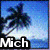 Animated sequence showing a beach scene with palm trees and ocean, where text fragments form the name "Michelle" across frames.