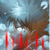 Anime character with spiky brown hair and white eyes in four sequential poses against a blue background with white circular shapes.