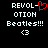 Pixelated text and symbols on black background with red heart replacing hyphen in 'REVOL-OTION' and white '<3' below.