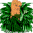 Pixelated character with light brown hair and blue eyes sits amid dense green foliage, holding a white flower in one hand.