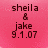 Pixelated text on a pink background reads 'sheila & jake 9.1.07' in dark brown letters.
