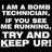 Static pixelated text on black background reads 'I AM A BOMB TECHNICIAN. IF YOU SEE ME RUN, TRY AND KEEP UP!' in white block letters.